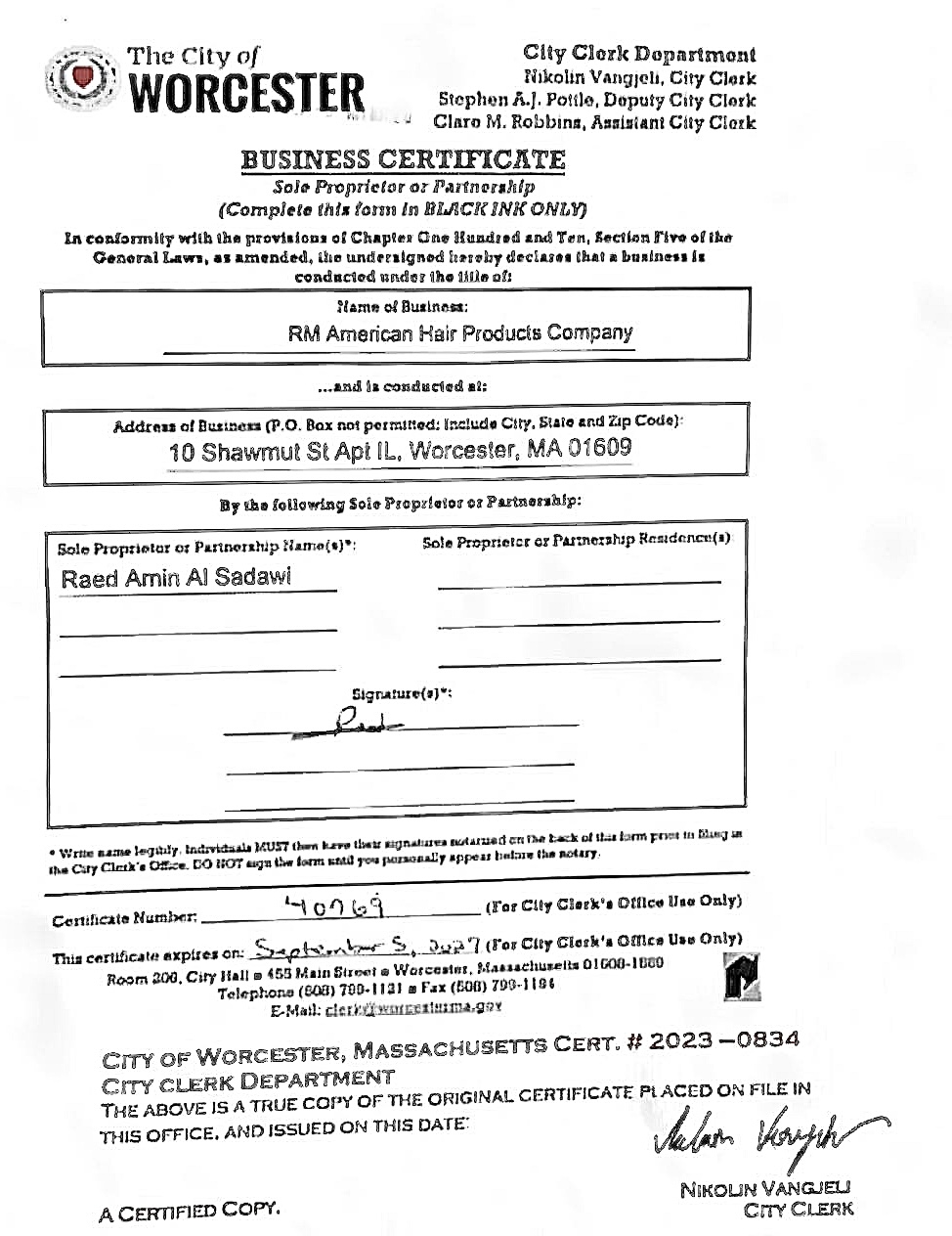 City of Worcester Business Certificate