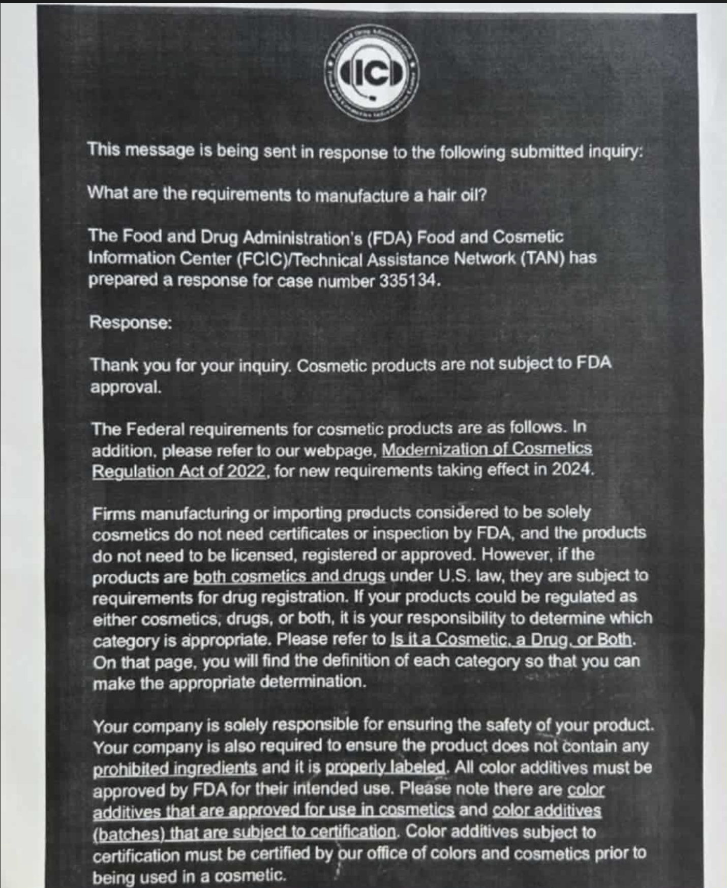 FDA FCIC/TAN response outlining U.S. cosmetic requirements